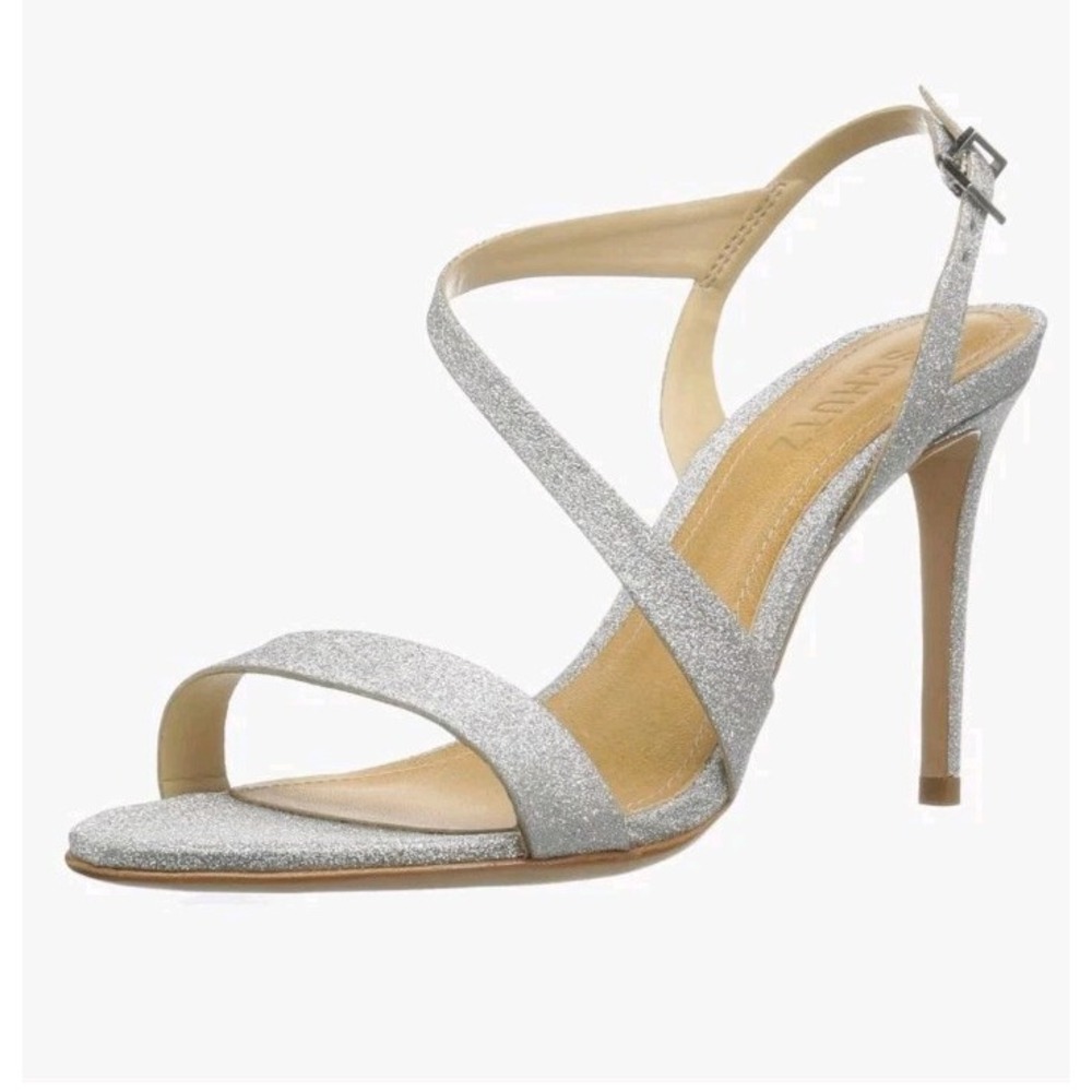 Schutz Women's Size 8.5 Aleria Prata  Silver Glitter Strappy Stiletto Heels🔥HOT